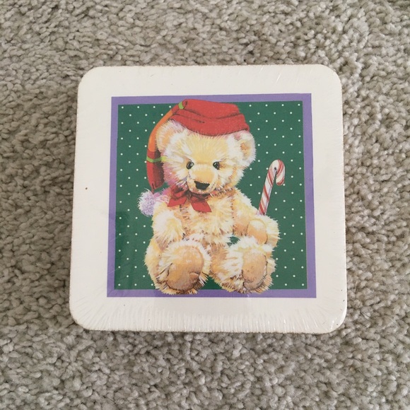 NIP Vintage Festive Holiday Christmas Bear Coasters with Golden Edges-Set of 6 - Picture 3 of 3